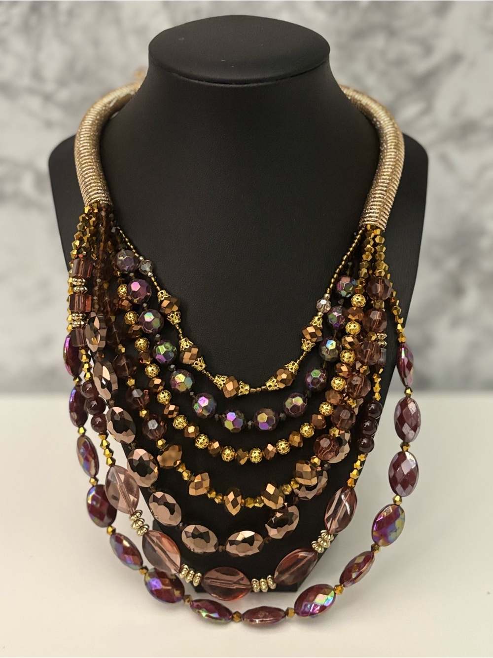 Multi-Strand Purple and Gold Statement Necklace Set